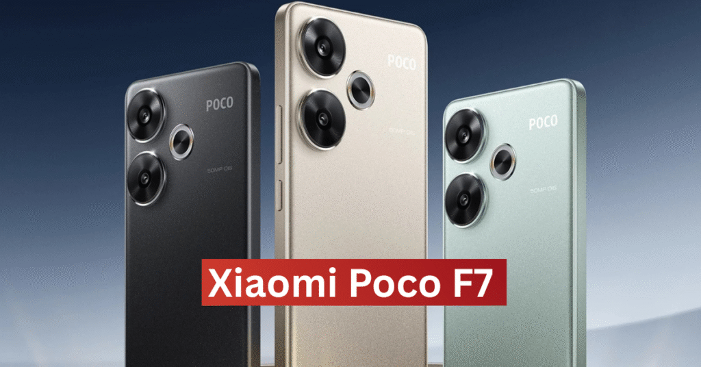 Xiaomi Poco F7 smartphone in black, silver, and grey color variants