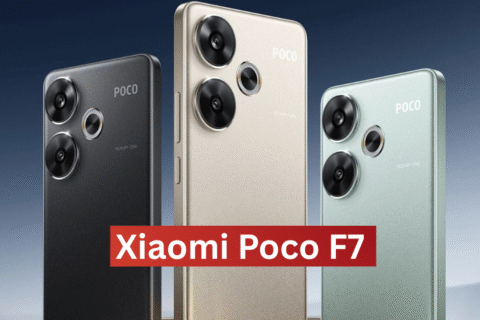 Xiaomi Poco F7 smartphone in black, silver, and grey color variants